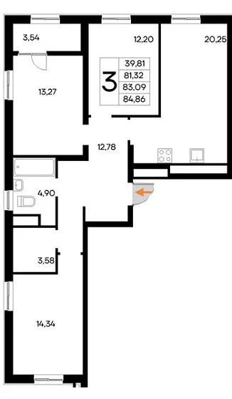 Квартира 3-комн. 84.86 кв. м