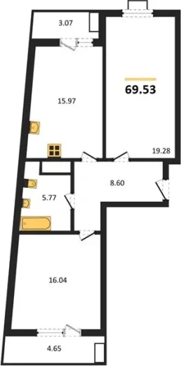 Квартира 2-комн. 69.53 кв. м