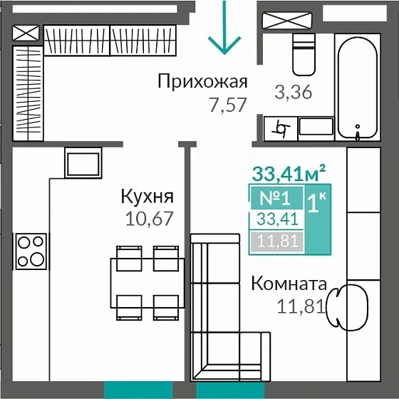 Квартира 1-комн. 33.41 кв.м