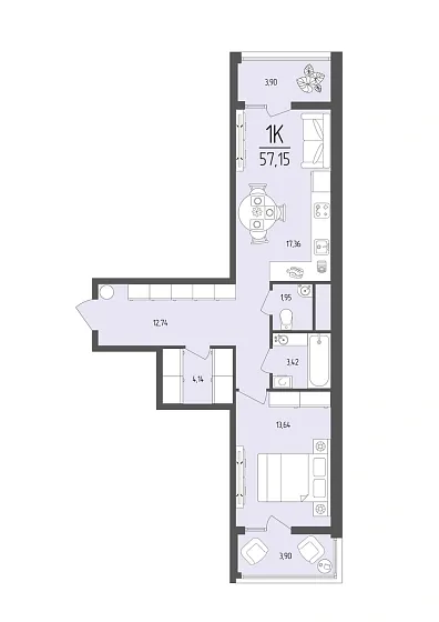 Квартира 1-комн. 57.15 кв. м