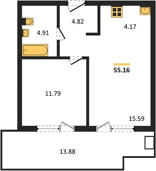 Апартаменты 1-комн. 55.16 кв. м