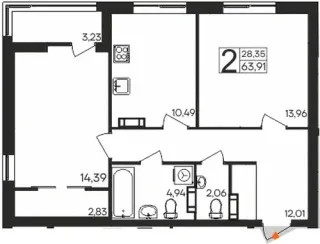 Квартира 2-комн. 63.91 кв. м
