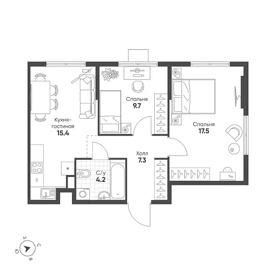Квартира 2-комн. 54.1 кв. м