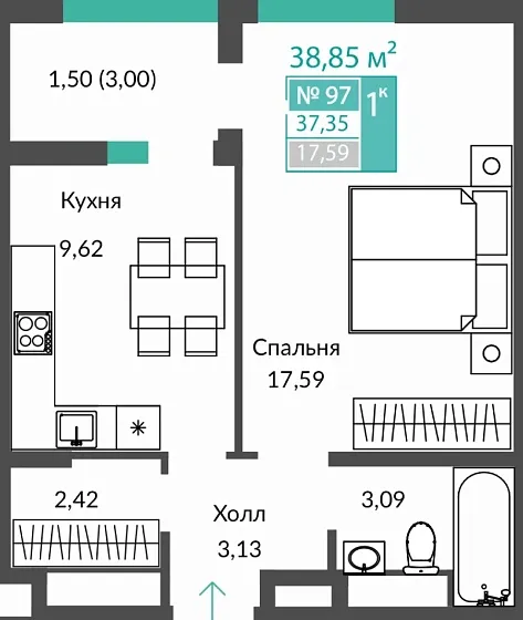 Квартира 1-комн. 37.35 кв.м
