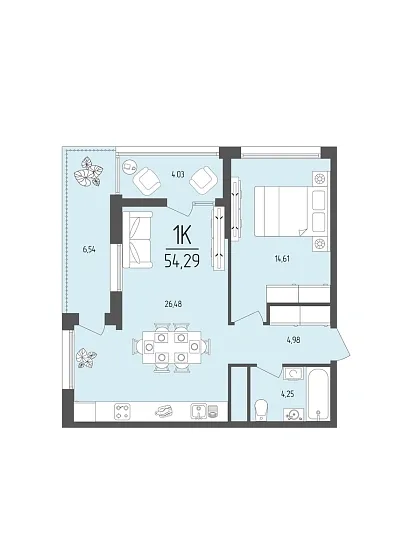 Квартира 1-комн. 54.29 кв. м