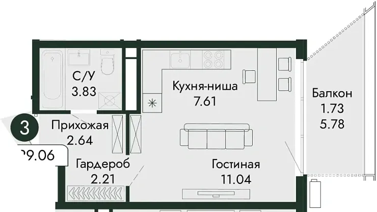 Квартира Студия 29.06 кв. м