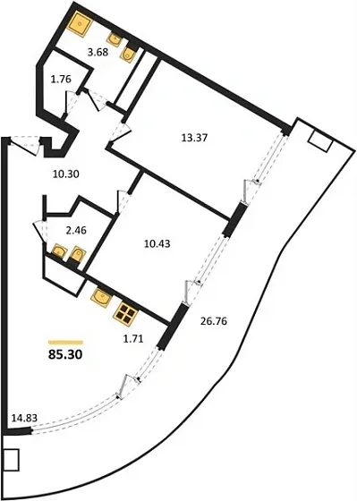 Апартаменты 2-комн. 85.3 кв. м
