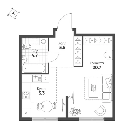 Квартира 1-комн. 36.2 кв. м