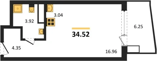 Апартаменты 1-комн. 34.52 кв. м