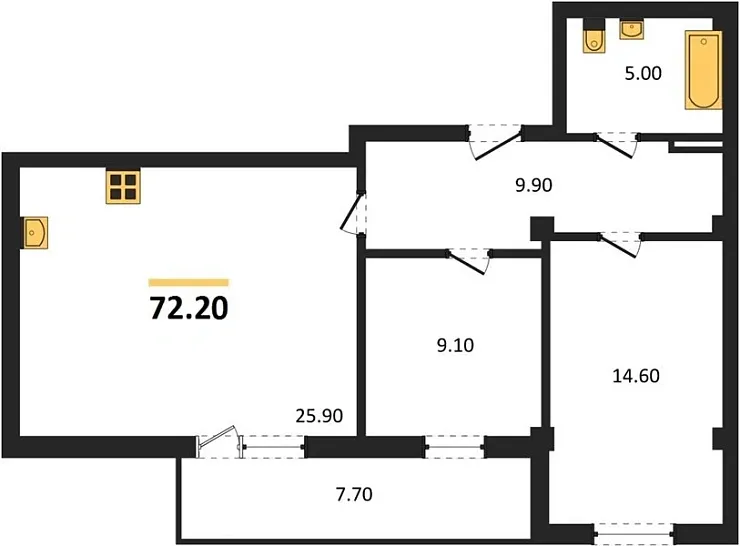 Квартира 2-комн. 72.2 кв. м