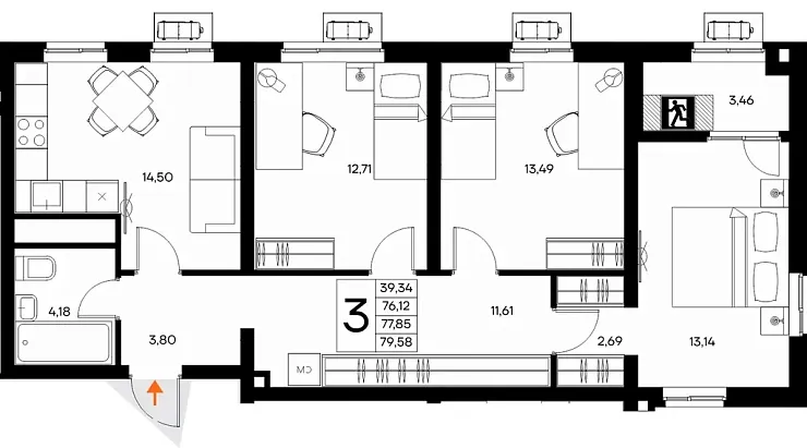 Квартира 3-комн. 79.58 кв. м