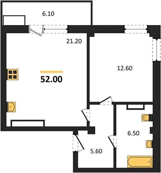 Квартира 1-комн. 52 кв. м