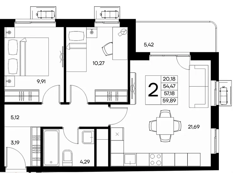 Квартира 2-комн. 59.89 кв. м