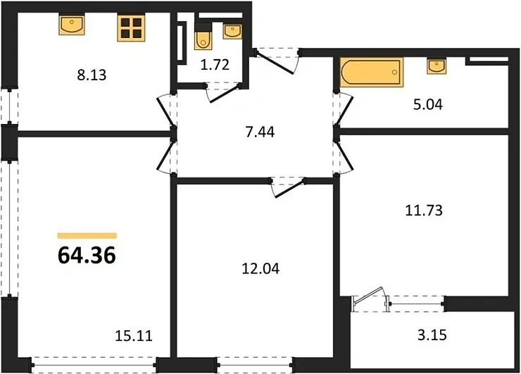 Квартира 3-комн. 64.36 кв. м