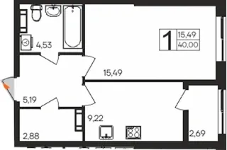 Квартира 1-комн. 40 кв. м