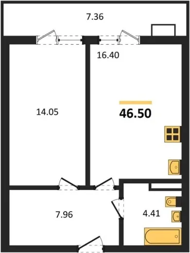 Квартира 1-комн. 46.5 кв. м