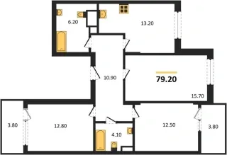 Квартира 3-комн. 79.2 кв. м