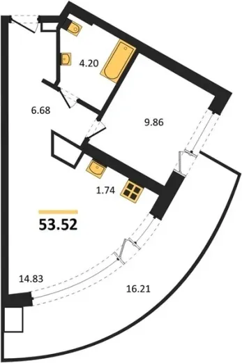 Апартаменты 1-комн. 53.52 кв. м