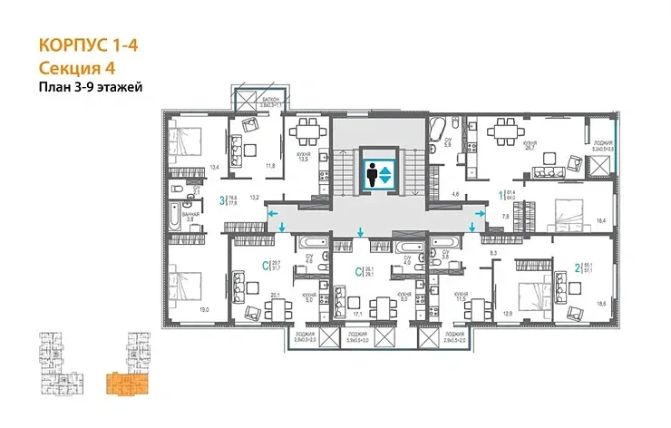 Квартира 1-комн. 33.2 кв. м