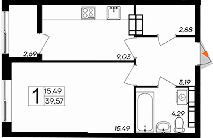 Квартира 1-комн. 39.57 кв. м