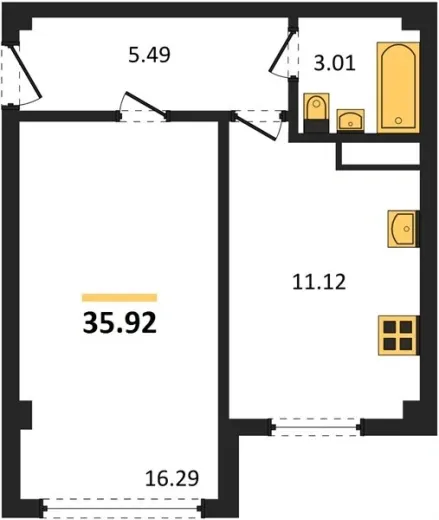 Квартира 1-комн. 35.92 кв. м