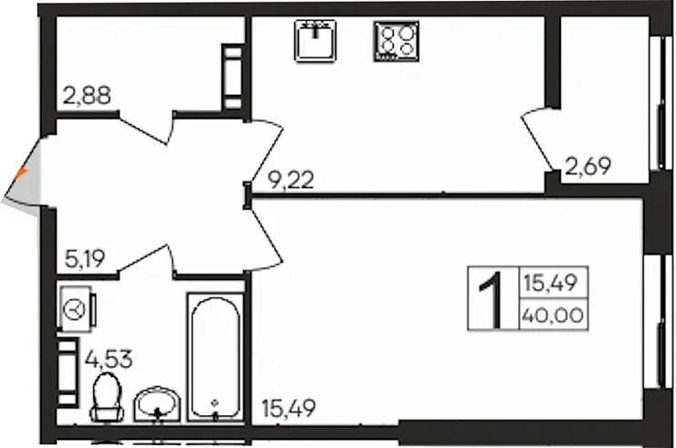 Квартира 1-комн. 40 кв. м