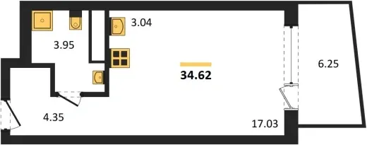 Апартаменты Студия 34.62 кв. м