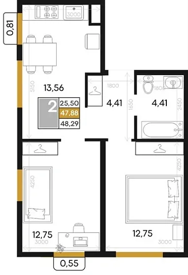 Квартира 2-комн. 48.29 кв. м