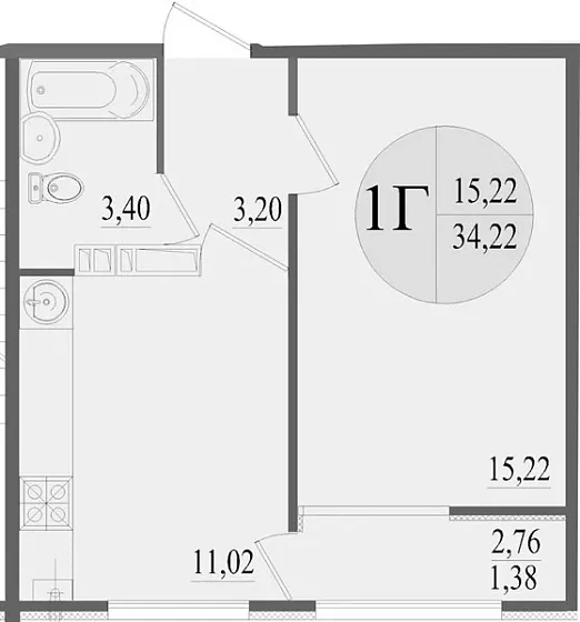 Квартира 1-комн. 34.22 кв. м