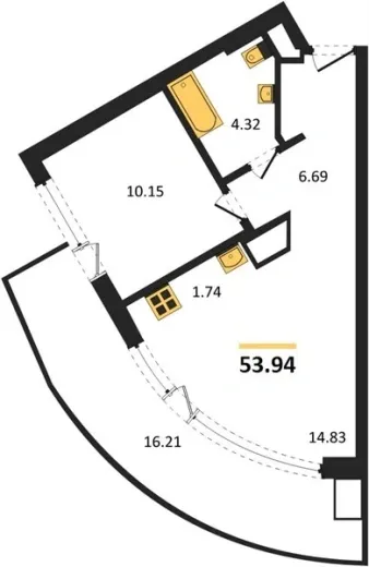 Апартаменты 1-комн. 53.94 кв. м