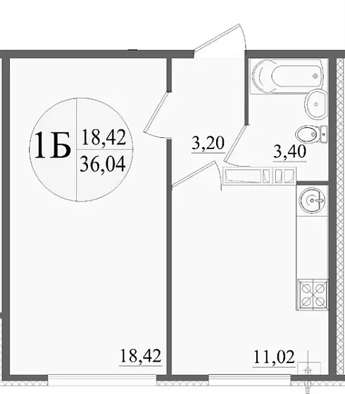 Квартира 1-комн. 36.04 кв. м
