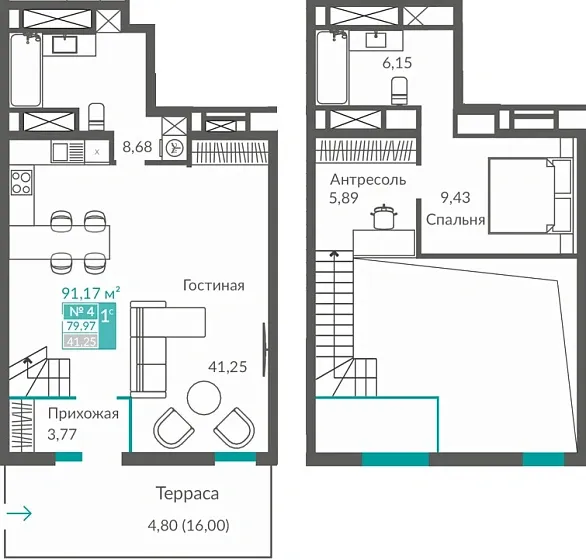 Квартира 1-комн. 79.97 кв.м