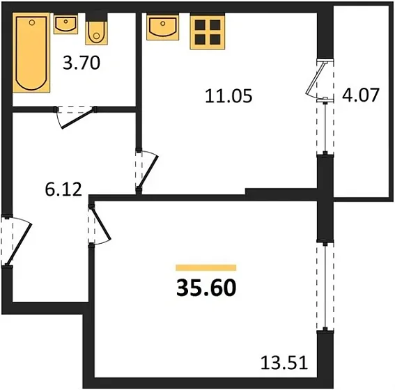 Апартаменты 1-комн. 35.6 кв. м