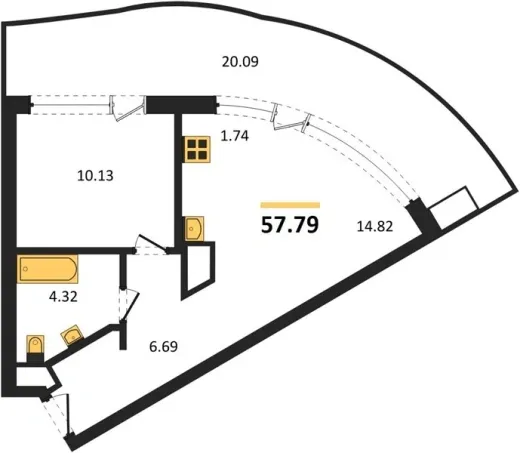 Апартаменты 1-комн. 57.79 кв. м