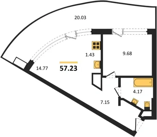 Апартаменты 1-комн. 57.23 кв. м