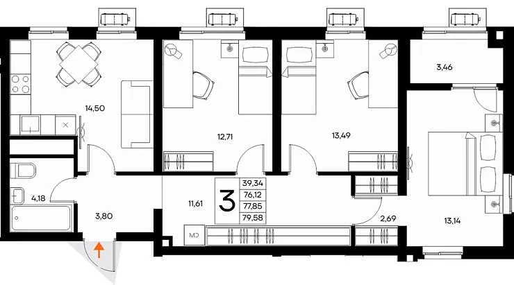 Квартира 3-комн. 79.58 кв. м