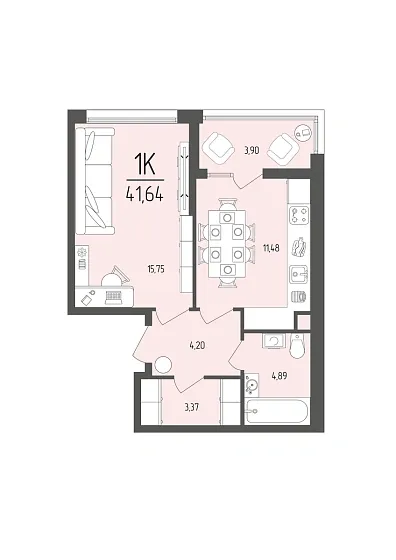 Квартира 1-комн. 41.64 кв. м