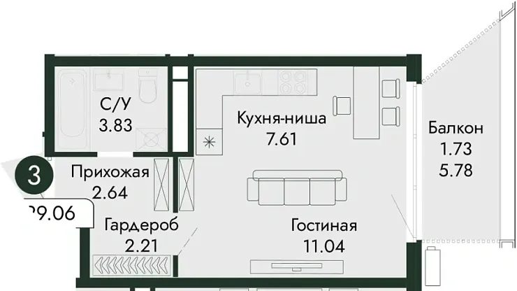 Квартира Студия 29.06 кв. м