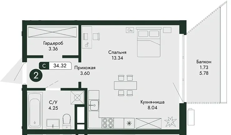 Квартира Студия 34.32 кв. м