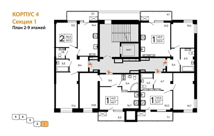 Квартира 1-комн. 52 кв. м