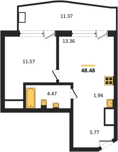 Апартаменты 1-комн. 48.48 кв. м