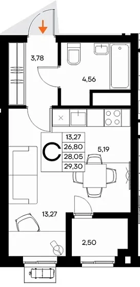 Квартира Студия 29.3 кв. м