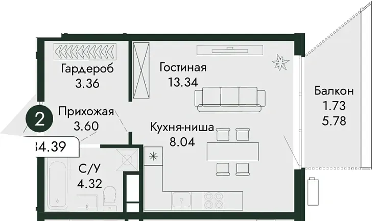 Квартира Студия 34.39 кв. м