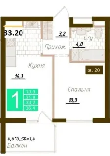Квартира 1-комн. 34.6 кв. м