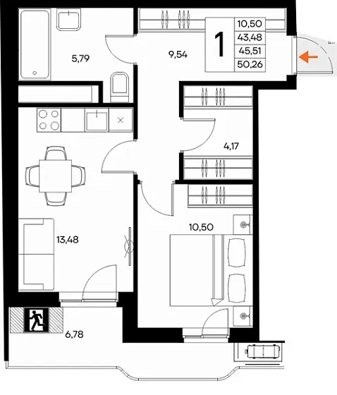Квартира 1-комн. 50.26 кв. м