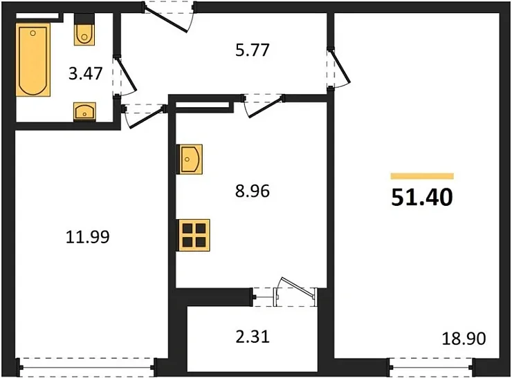 Квартира 2-комн. 51.4 кв. м