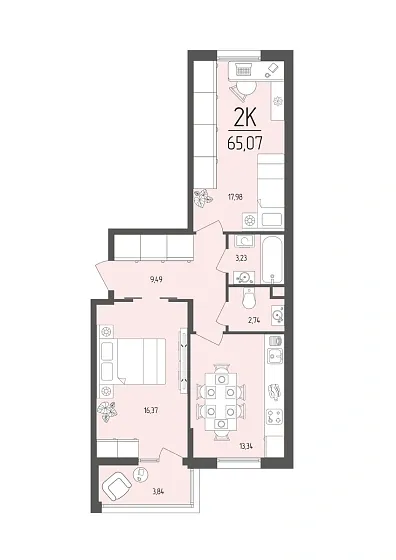 Квартира 2-комн. 65.07 кв. м