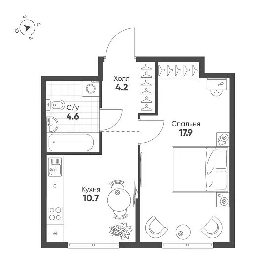 Квартира 1-комн. 37.4 кв. м