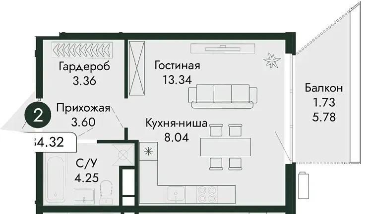Квартира Студия 34.32 кв. м