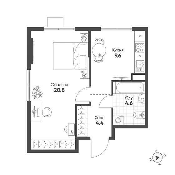 Квартира 1-комн. 39.4 кв. м